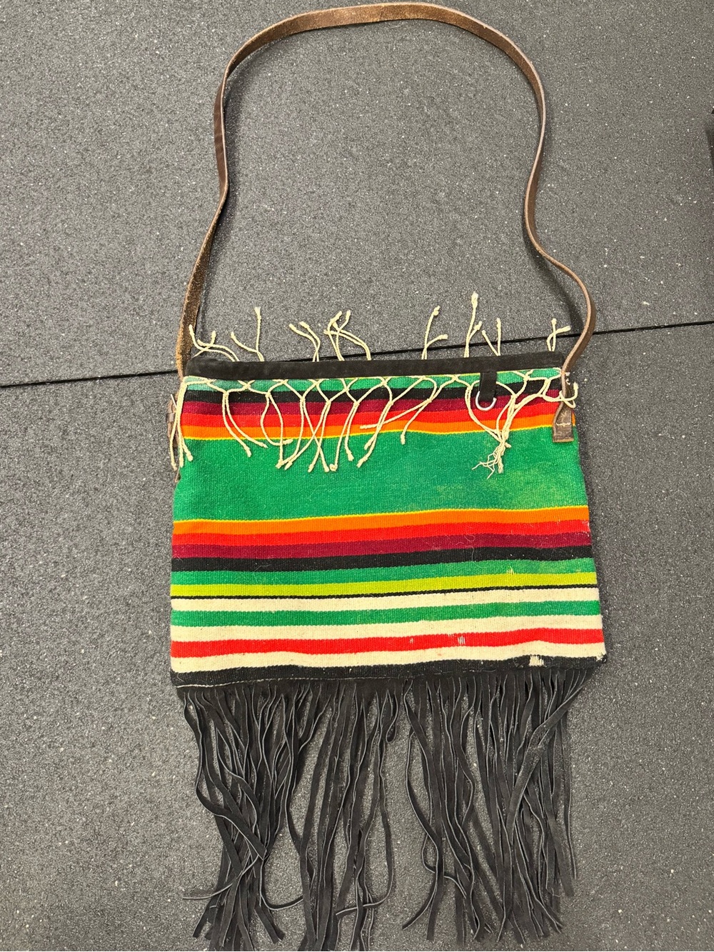 Handmade Bohemian Multi-Stripe Fringe Crossbody Bag - Green Yellow Red